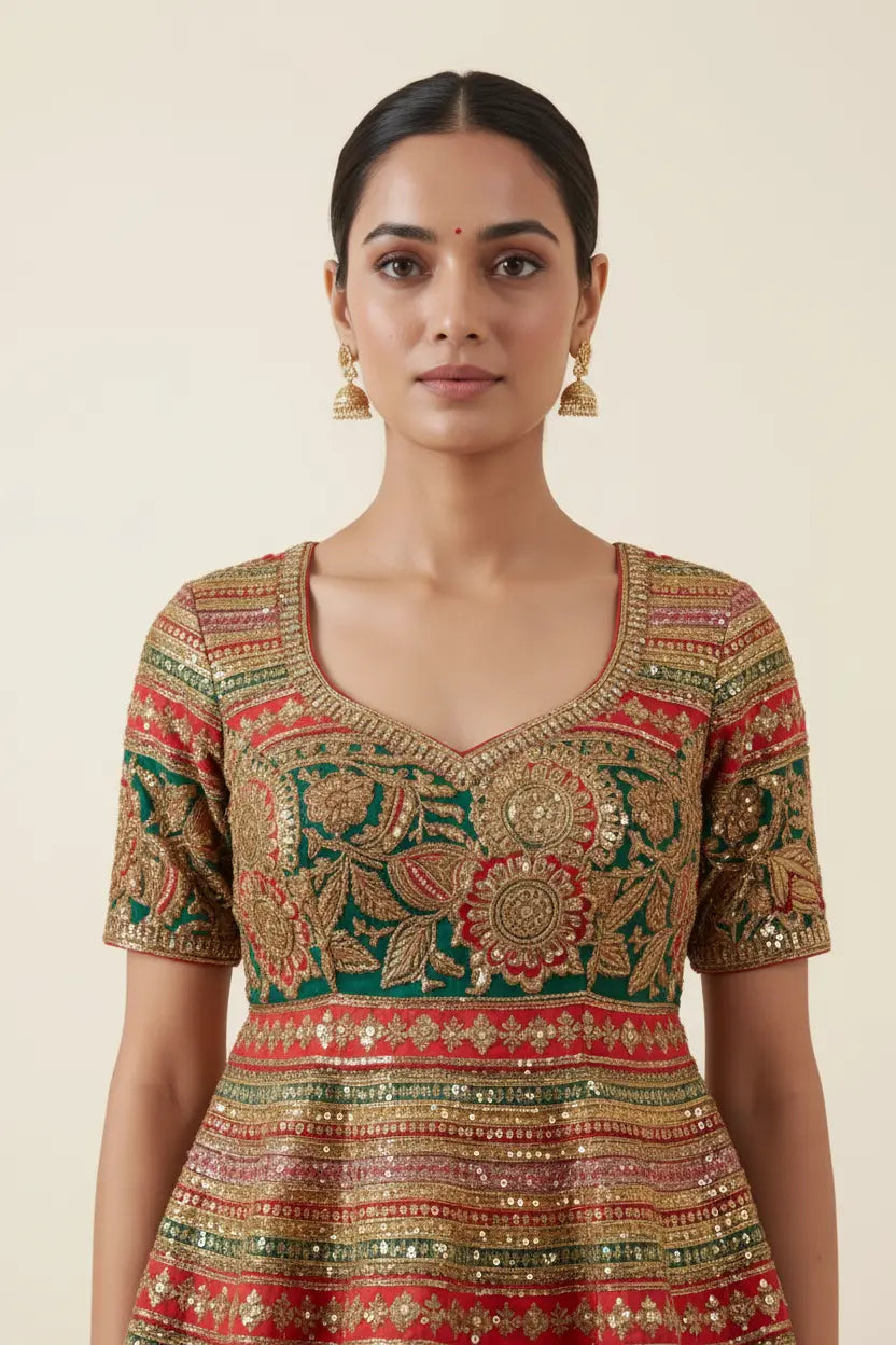 Woman wearing a traditional embroidered dress with a neutral background