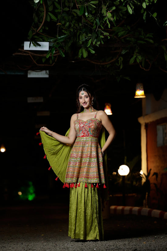 Chinon Peplum Sharara Set with Multicolour Sequin Embroidery