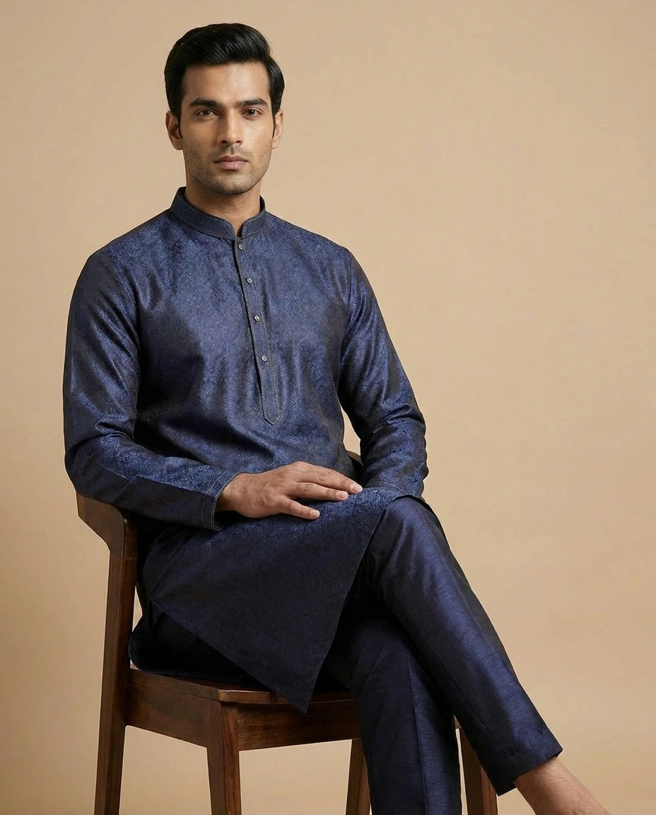 Navy Maroon Cotton Kurta Set for Puja and Festive Wear