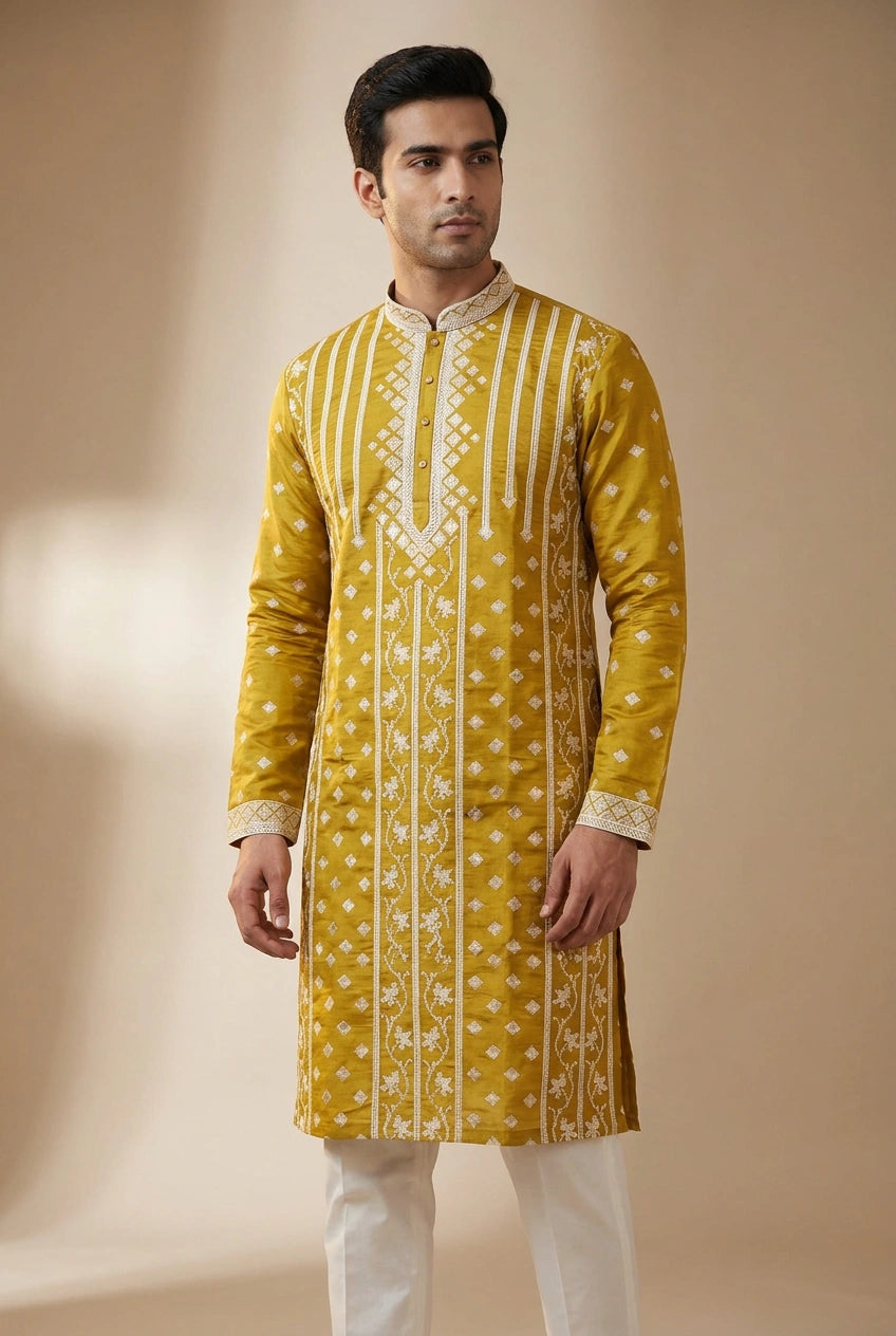 Lime Green Tussar Silk Kurta Set with Resham Detail for Festive Wear