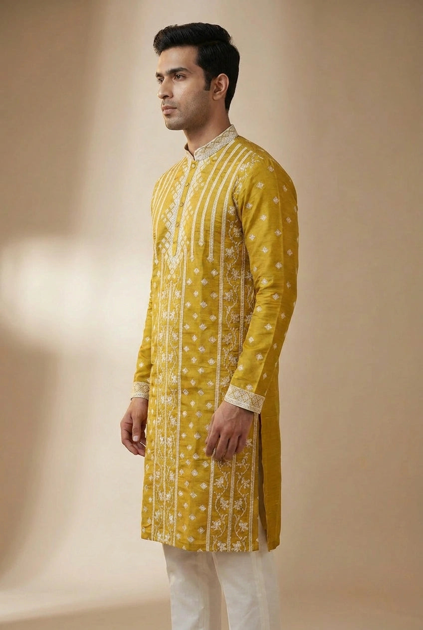 Lime Green Tussar Silk Kurta Set with Resham Detail for Festive Wear