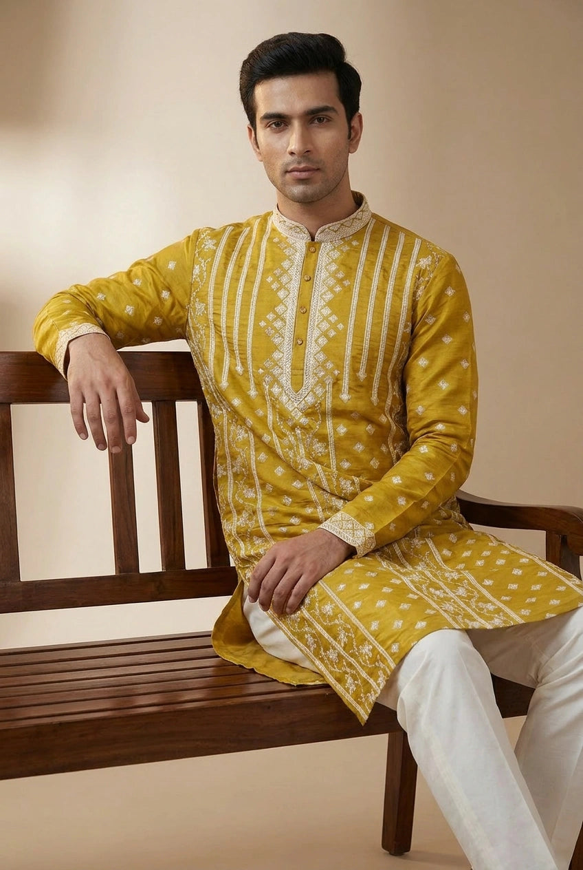 Lime Green Tussar Silk Kurta Set with Resham Detail for Festive Wear