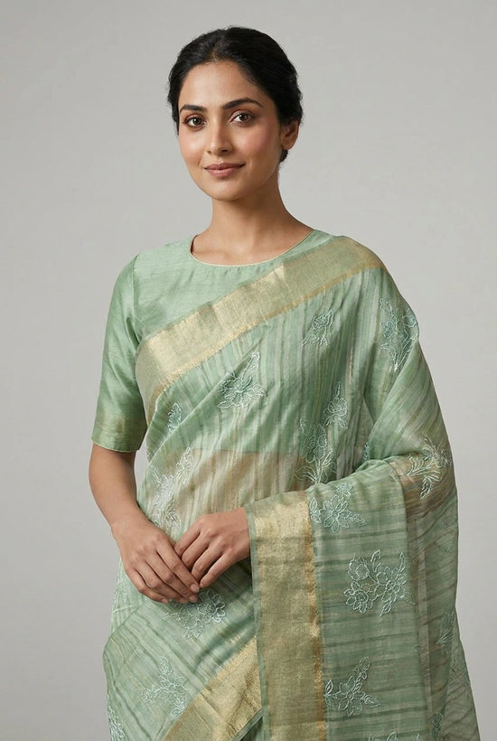 Firozi Blue Cotton Tant Saree with Garad Weave - Rangoli India