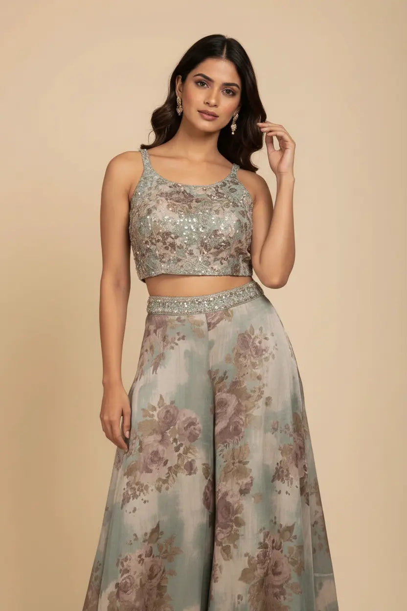 Woman wearing a floral two-piece outfit on a beige background