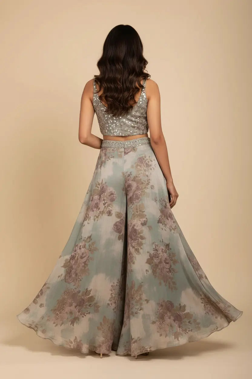 Woman wearing a floral dress with a beige background