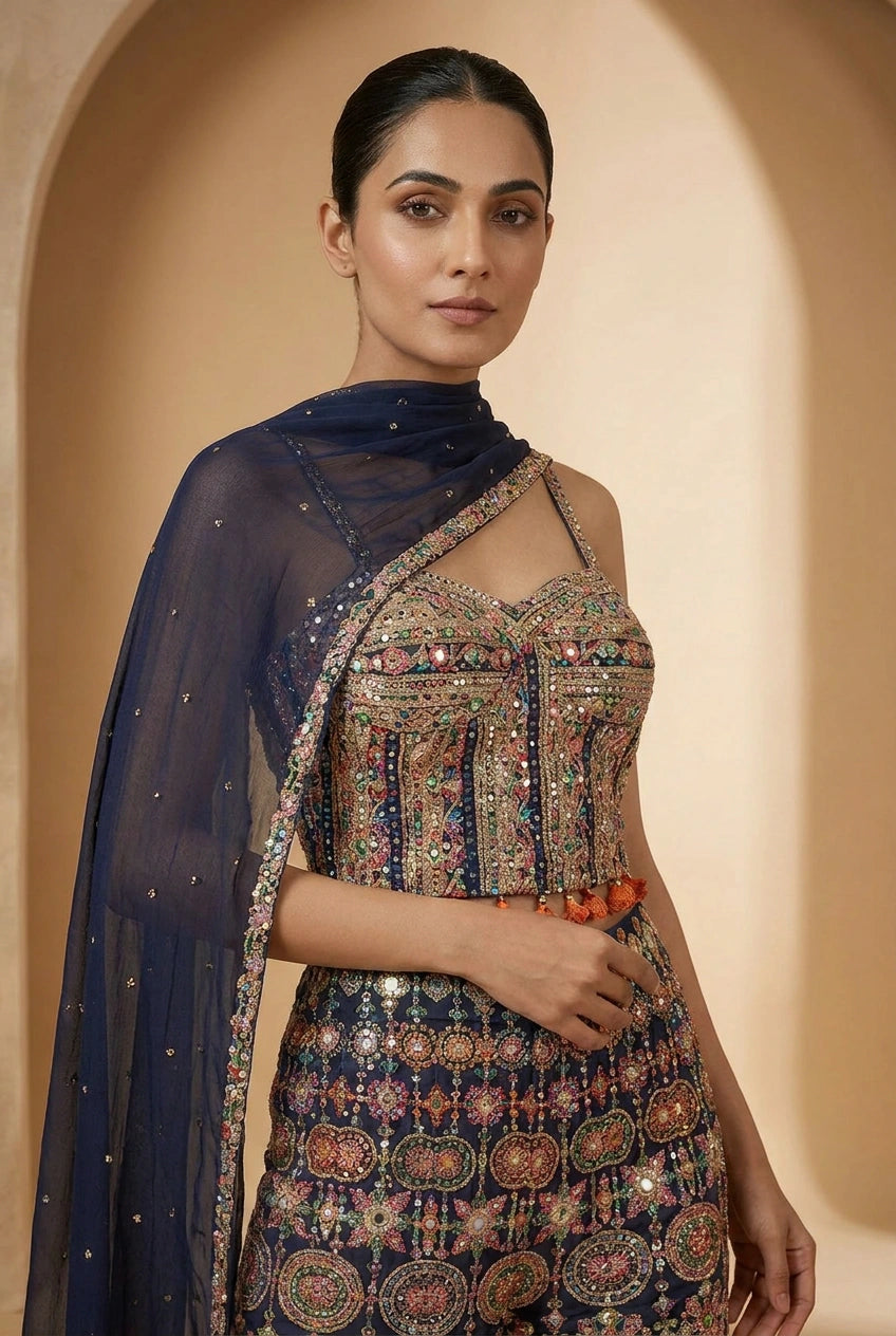 Navy Georgette Choli Palazzo Set - Rangoli India