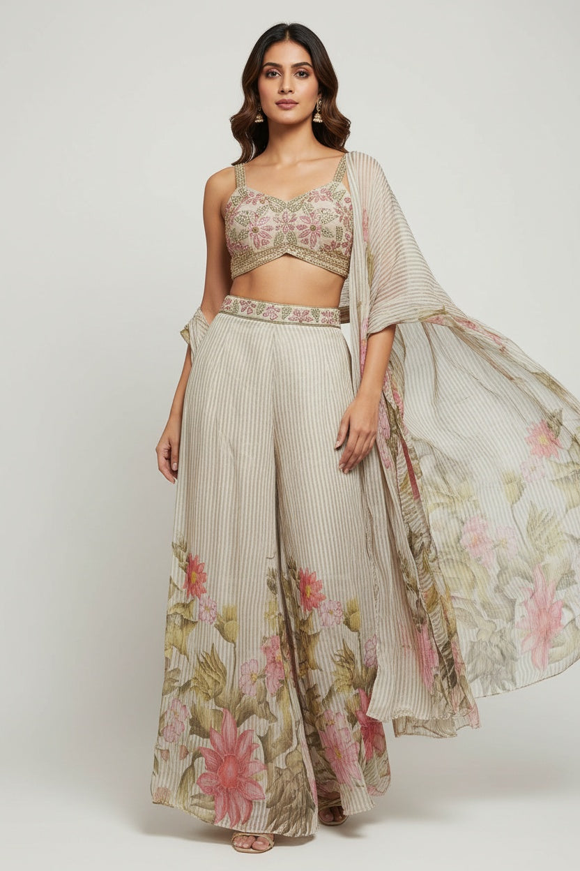 Elegant Beige Floral Drape Saree with Intricate Blouse Work