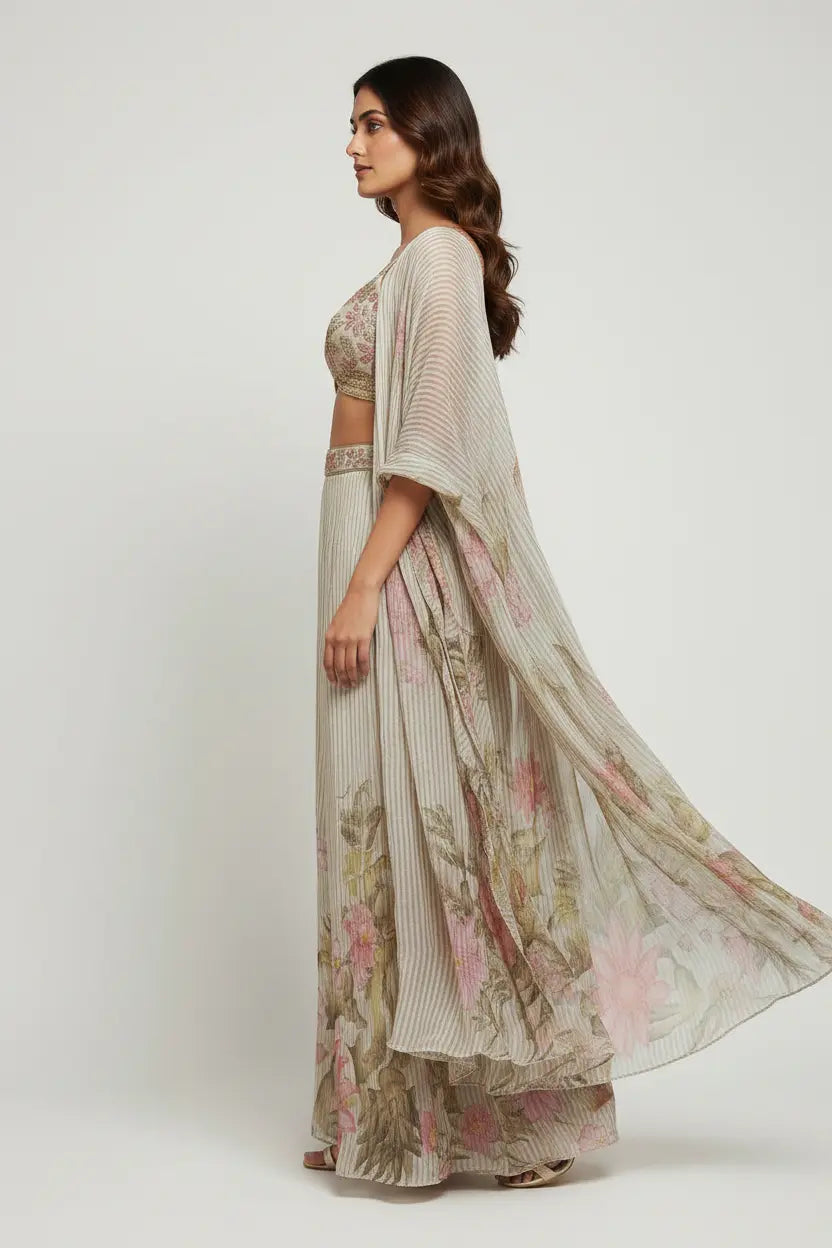Woman wearing a floral saree with a plain background