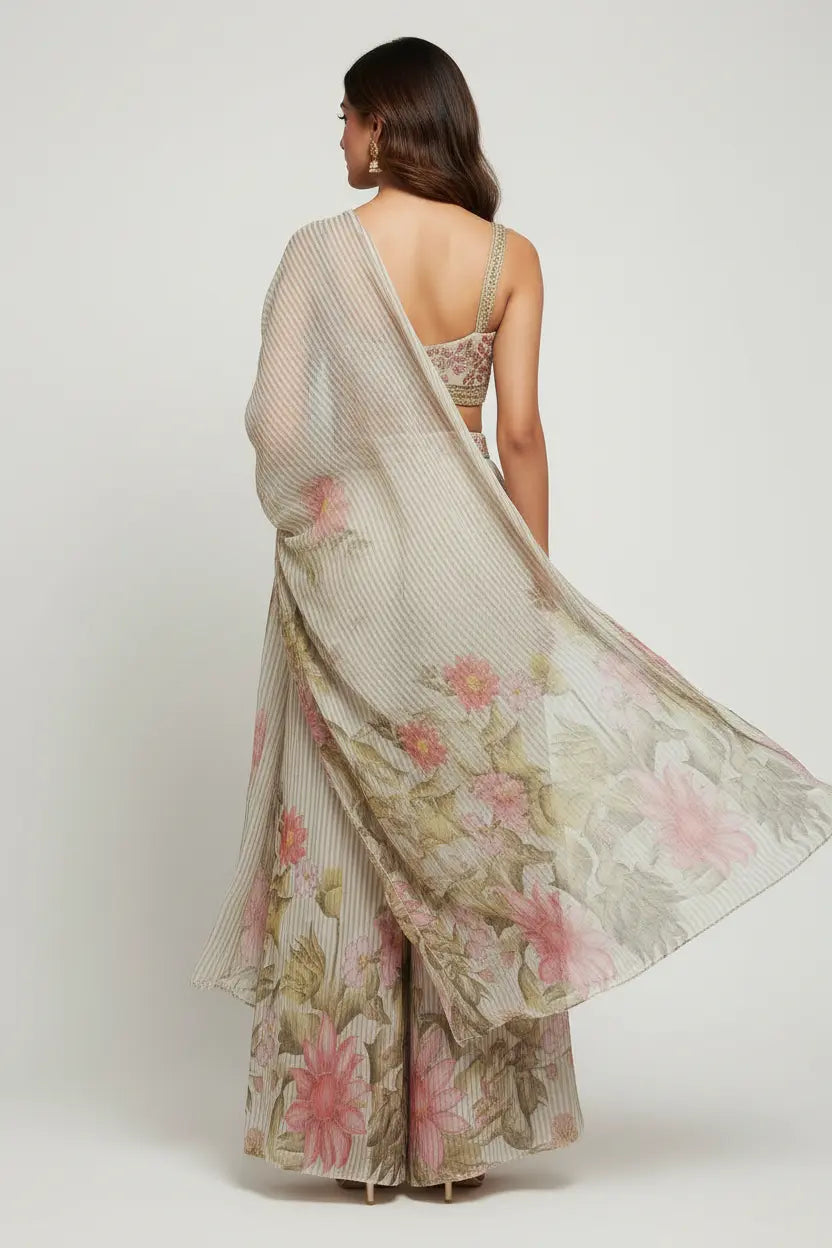 Woman wearing a floral saree with a plain background