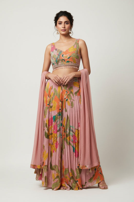 Blush Mauve Floral Printed Choli Palazzo Set with Embellished Blouse & Dupatta - silk Indian ethnic wear by Rangoli