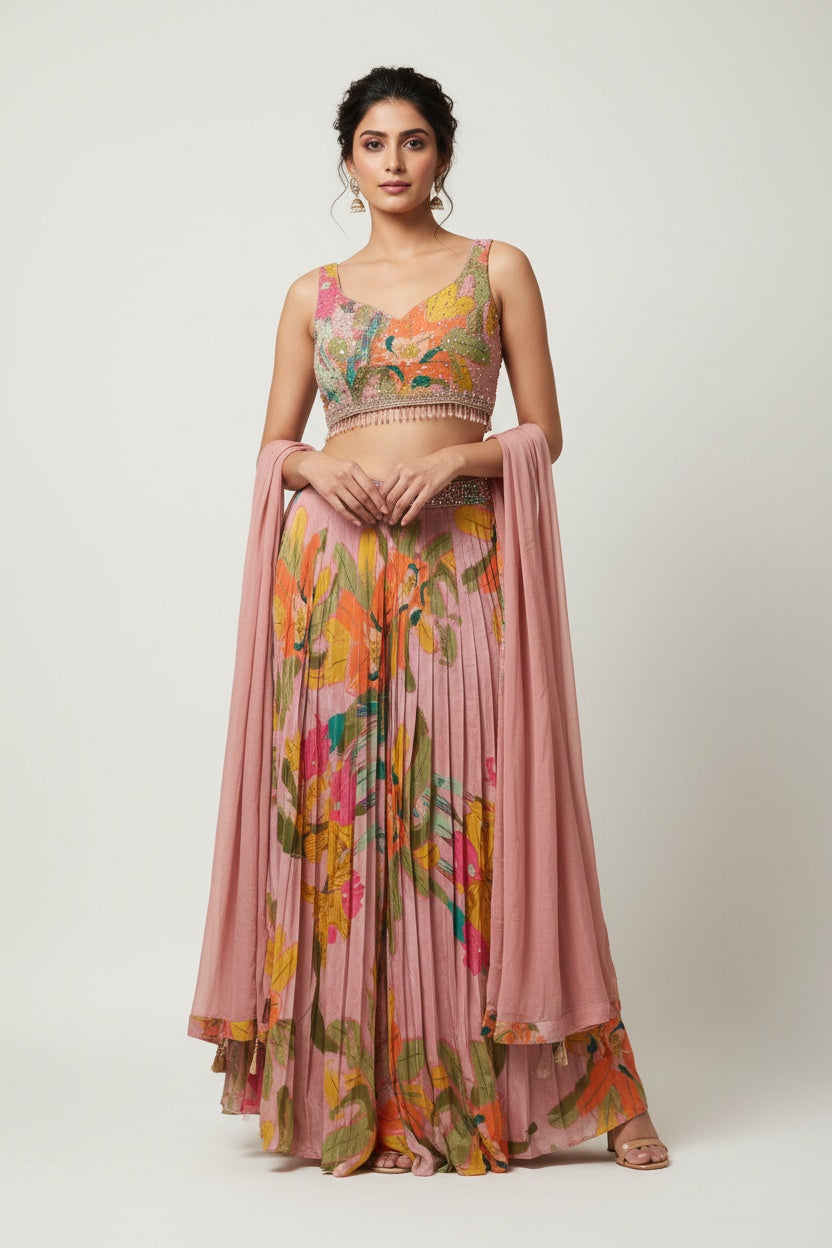 Blush Mauve Floral Printed Choli Palazzo Set with Embellished Blouse & Dupatta