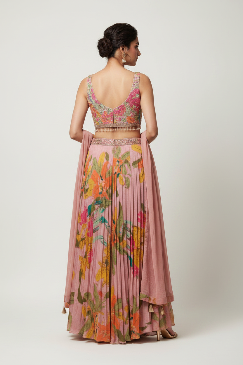 Blush Mauve Floral Choli Palazzo Set with Embellished Blouse