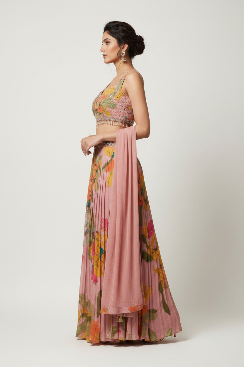 Mauve Floral Print Choli Palazzo Set with Embellished Blouse
