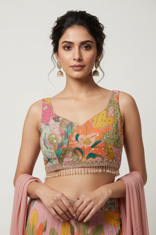 Mauve Floral Print Choli Palazzo Set with Embellished Blouse Palazzo Suit by Rangoli