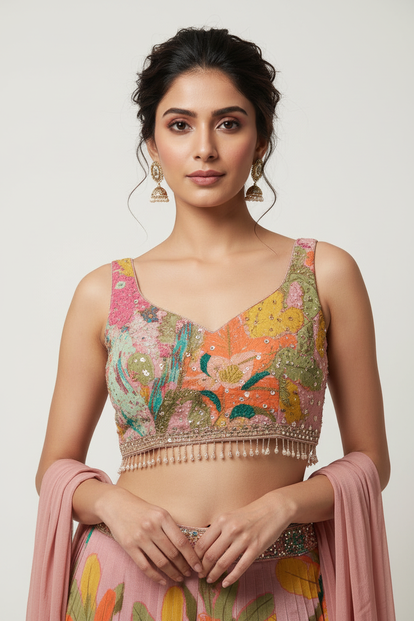 Blush Mauve Floral Choli Palazzo Set with Embellished Blouse