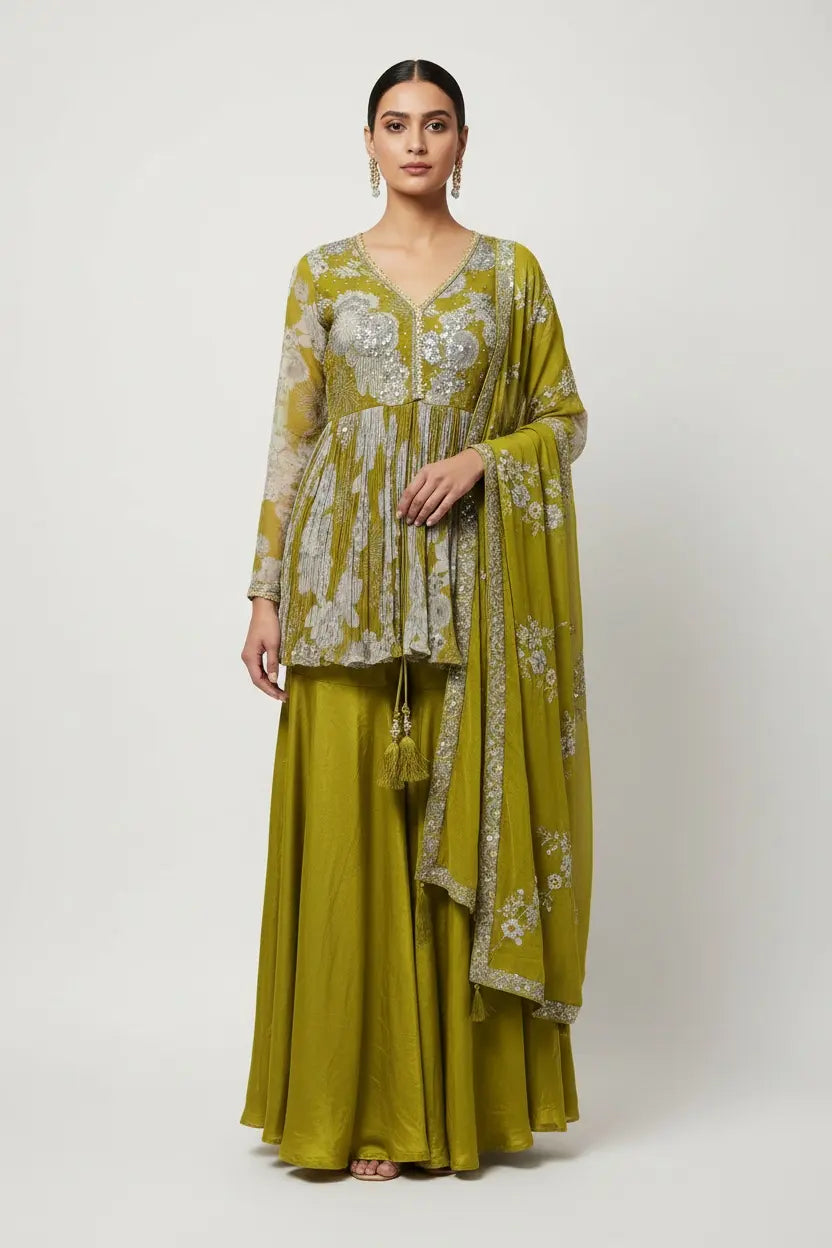 Woman wearing a green embroidered traditional outfit on a white background