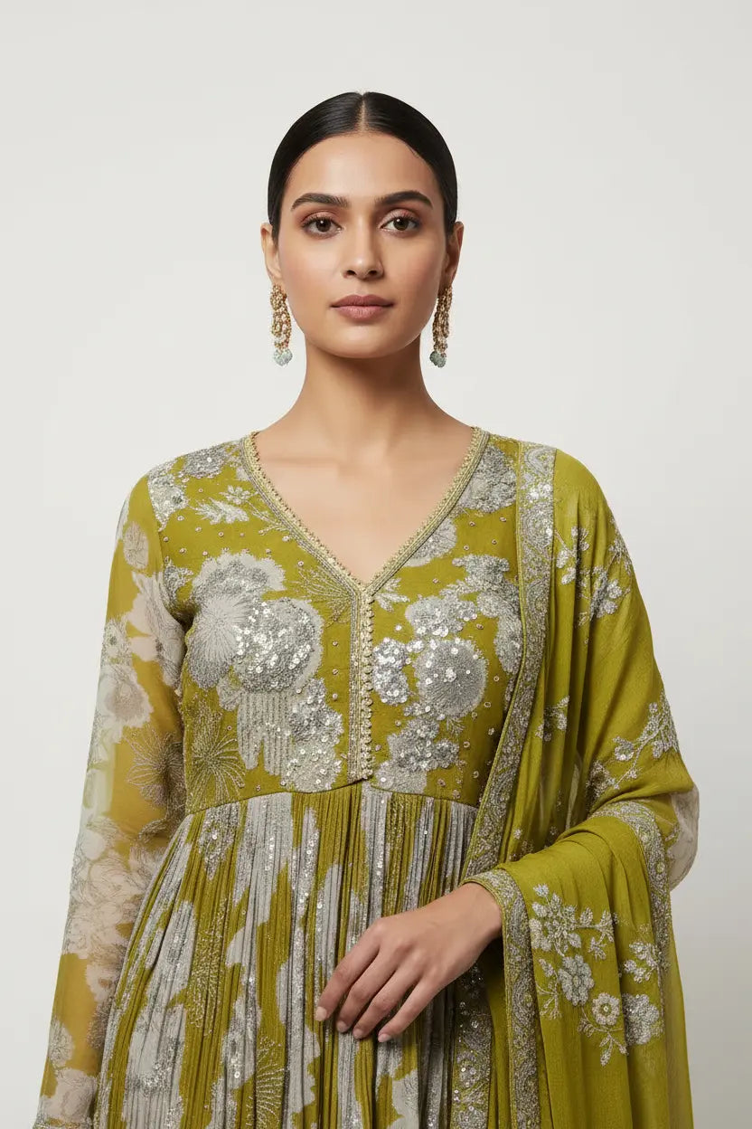 Woman wearing a green and silver embroidered dress on a white background