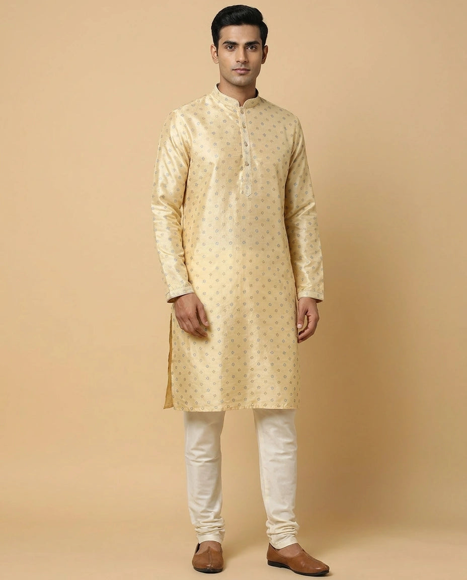 Off White Readymade Cotton Kurta Pyjama Set with Classic Collar Work