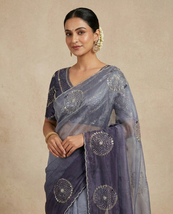 Sky Blue Embroidered Saree in Organza - Rangoli India