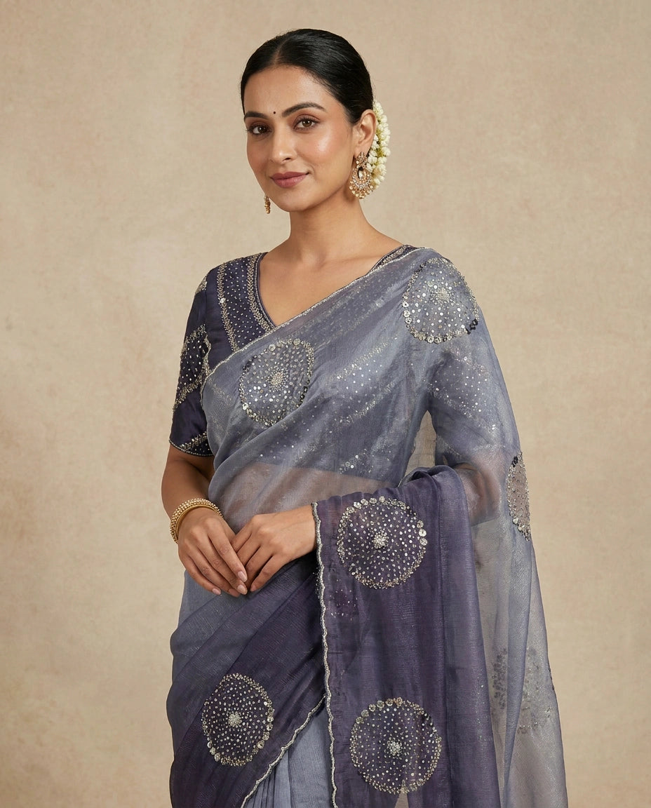 Sky Blue Embroidered Saree in Organza - Rangoli India
