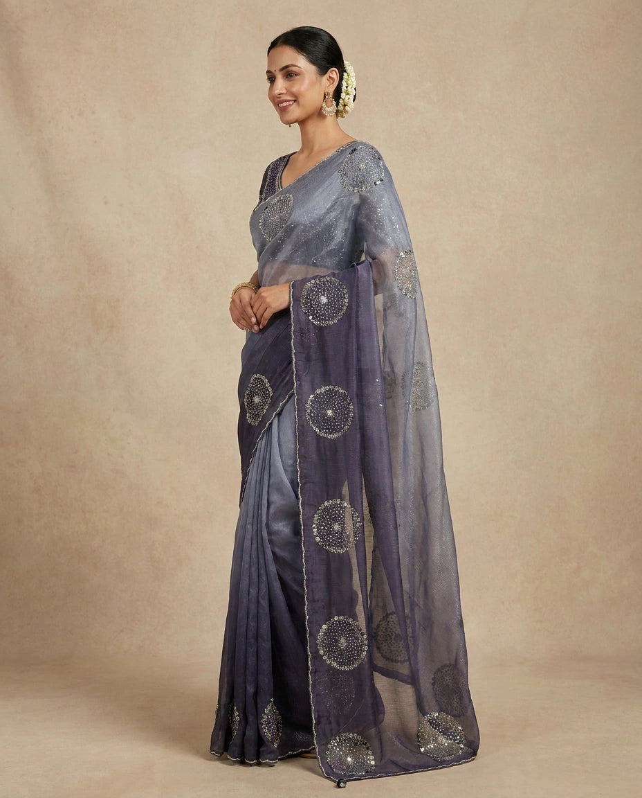 Sky Blue Embroidered Saree in Organza - Rangoli India