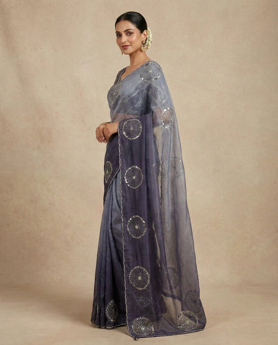 Sky Blue Embroidered Saree in Organza - Rangoli India