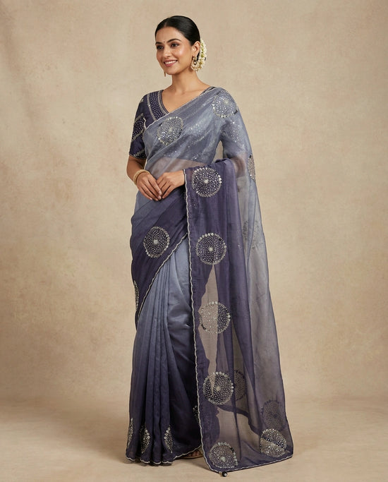 Sky Blue Embroidered Saree in Organza - Rangoli India
