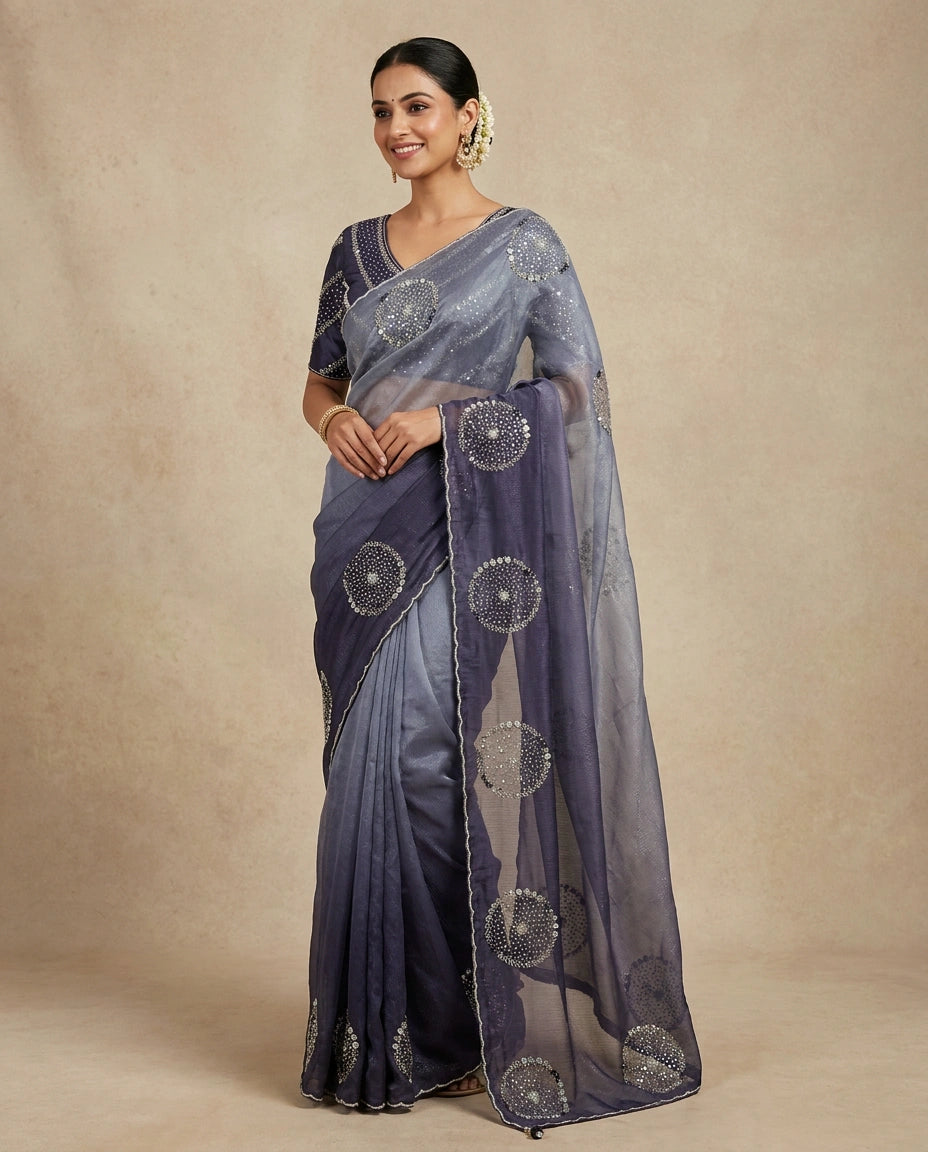 Sky Blue Embroidered Saree in Organza - Rangoli India