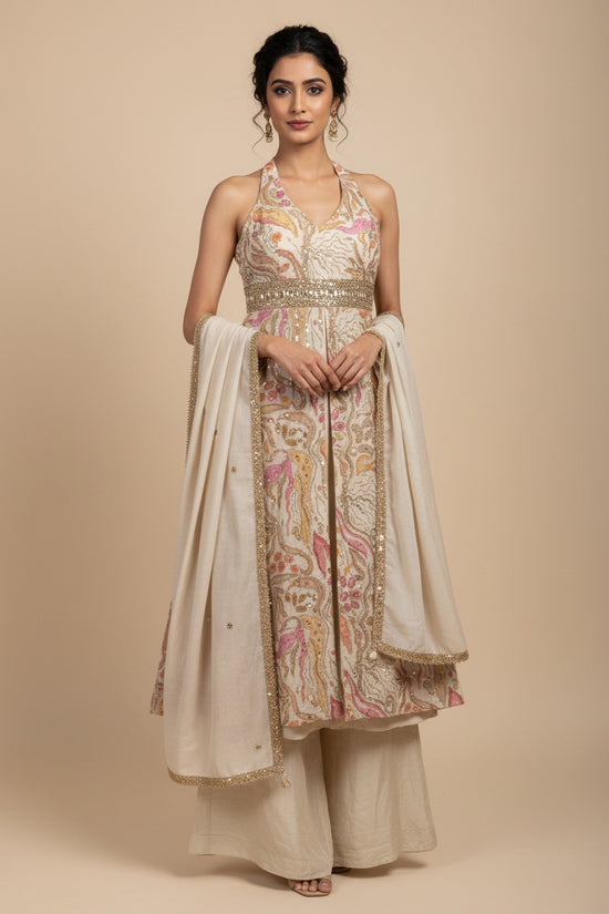 Mustard Floral Embroidered Anarkali Set with Dupatta - chinon; polyester Indian ethnic wear by Rangoli