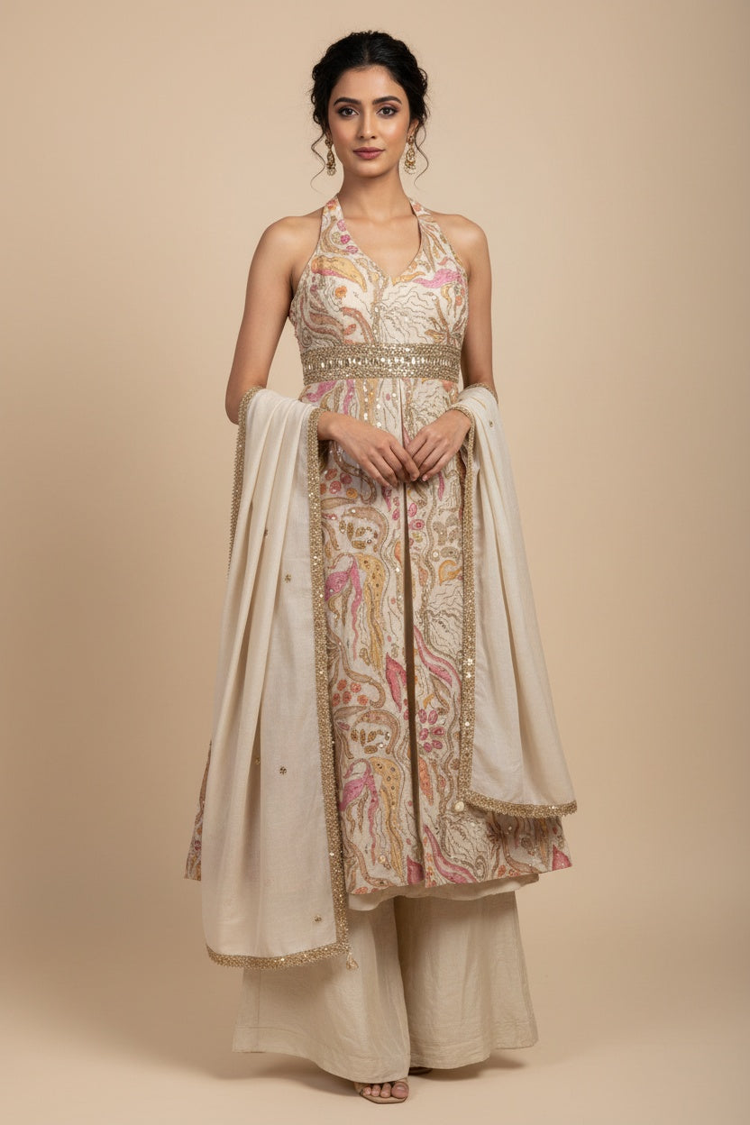 Mustard Floral Embroidered Anarkali Set with Dupatta