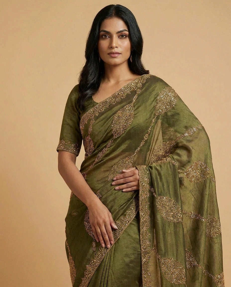 Tissue Saree with Contrast Border and Blouse Online India - Rangoli India