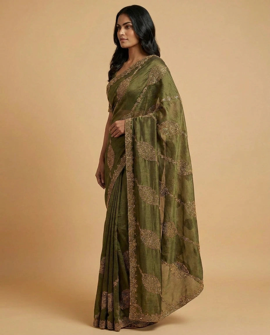 Tissue Saree with Contrast Border and Blouse Online India - Rangoli India