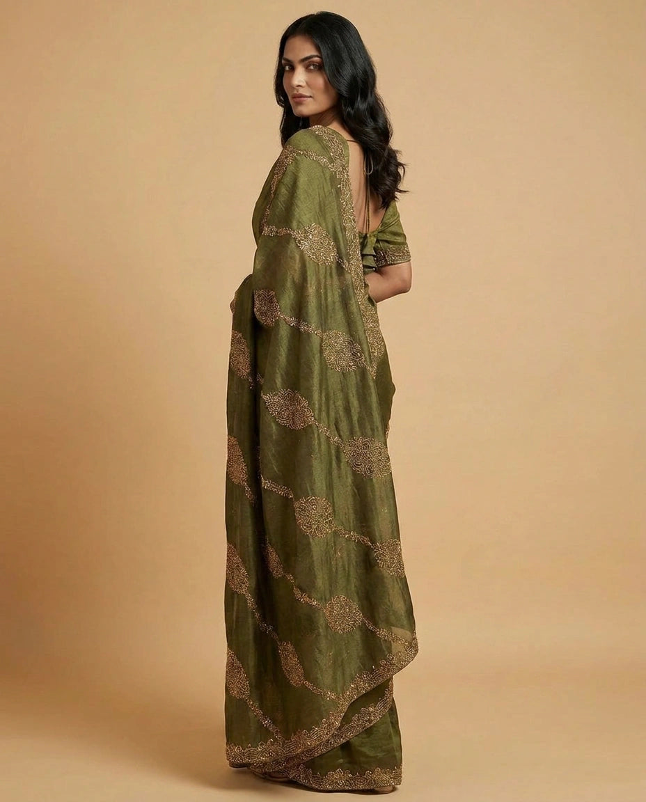 Tissue Saree with Contrast Border and Blouse Online India - Rangoli India