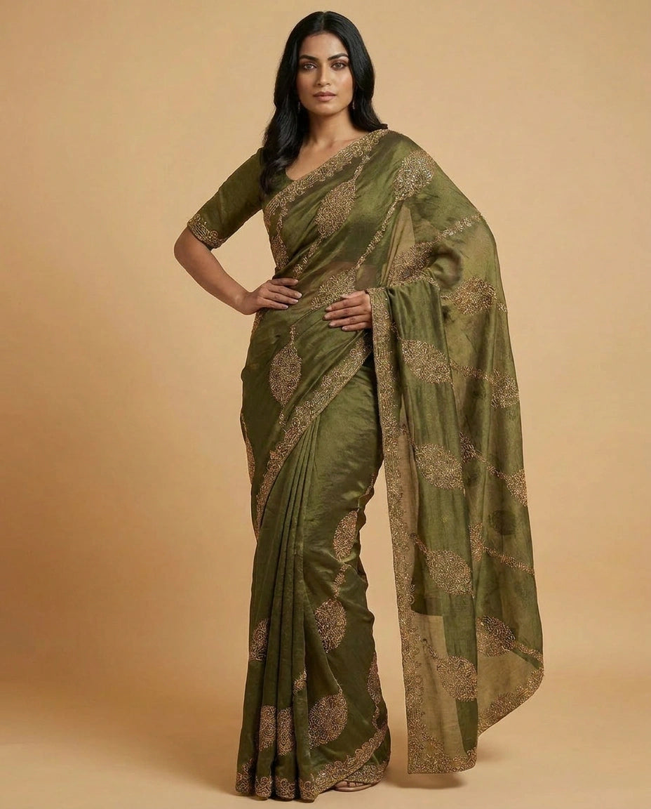 Tissue Saree with Contrast Border and Blouse Online India - Rangoli India