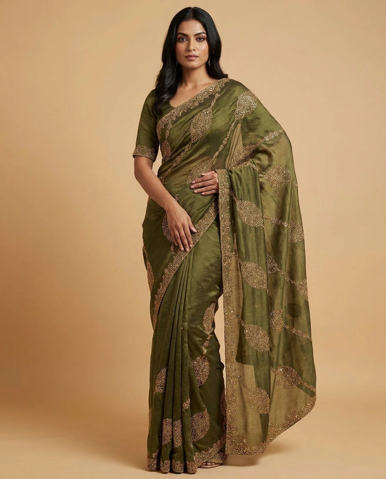 Tissue Saree with Contrast Border and Blouse Online India - Rangoli India