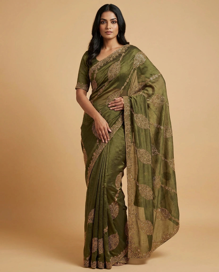 Tissue Saree with Contrast Border and Blouse Online India - Rangoli India
