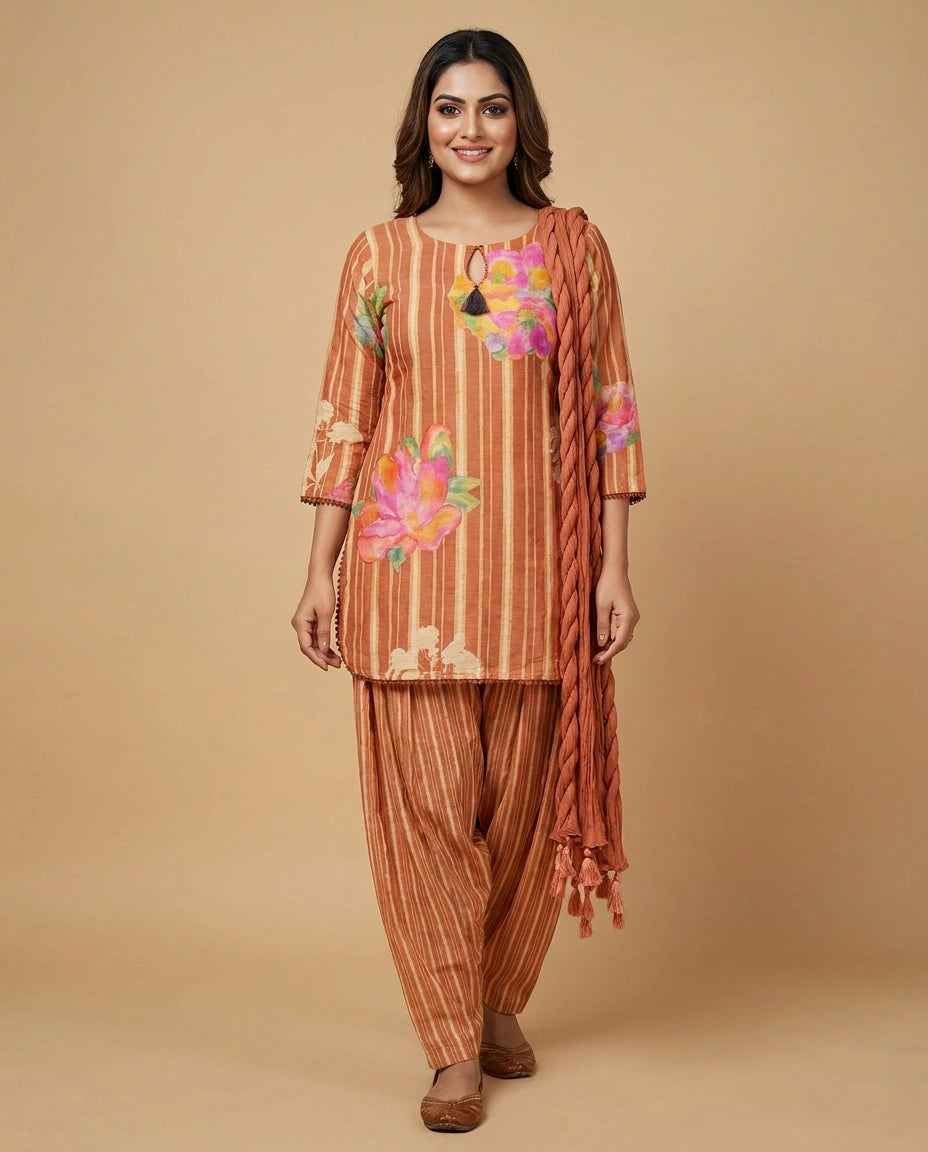 Woman wearing a traditional outfit with floral patterns on a beige background