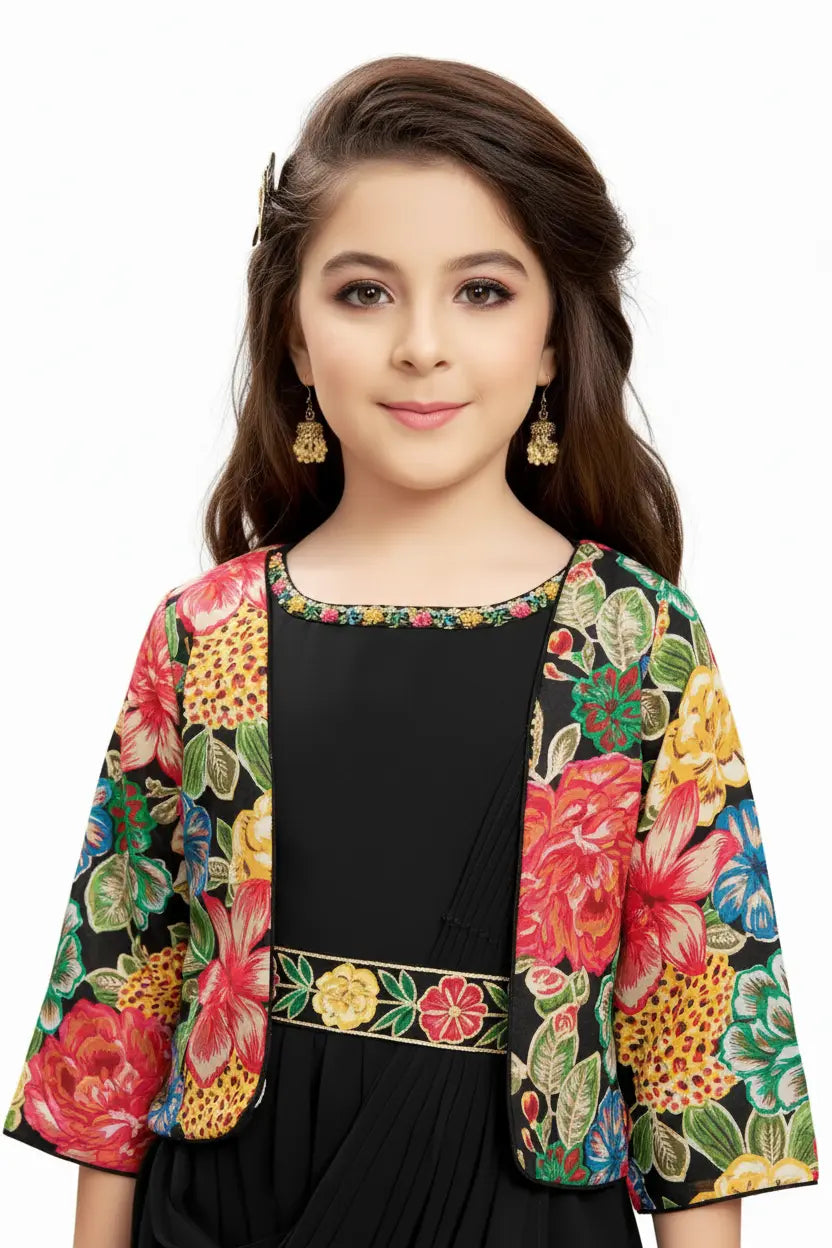Young girl wearing a colorful floral jacket over a black dress on a white background