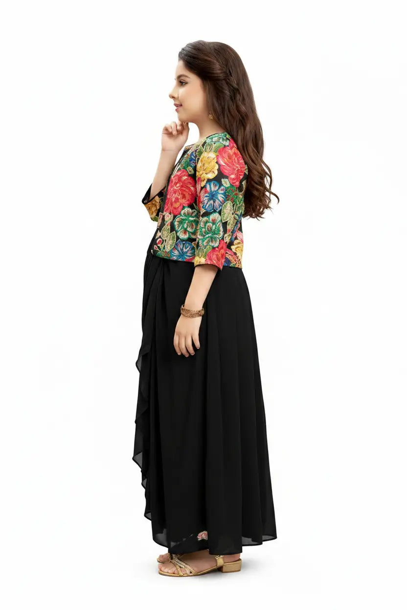 Woman wearing a colorful floral top and black skirt on a white background
