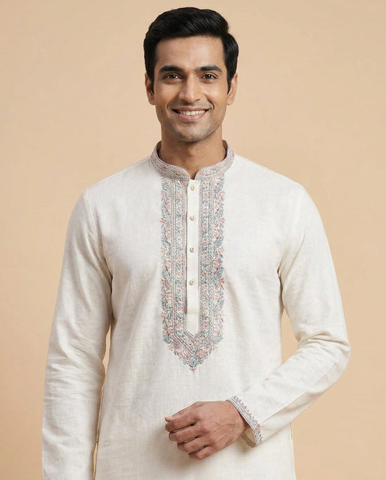 White Cotton Linen Kurta Pajama Set - Rangoli India