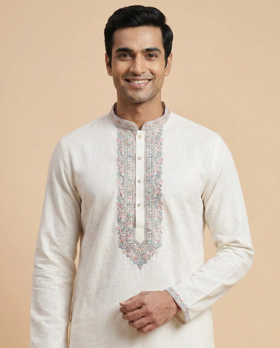 White Cotton Linen Kurta Pajama Set - Rangoli India