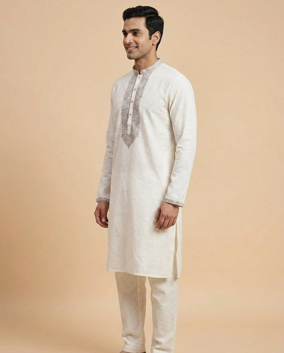 White Cotton Linen Kurta Pajama Set - Rangoli India
