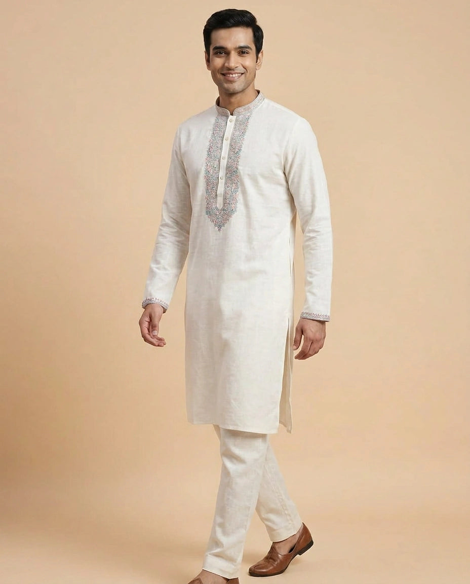 White Cotton Linen Kurta Pajama Set - Rangoli India