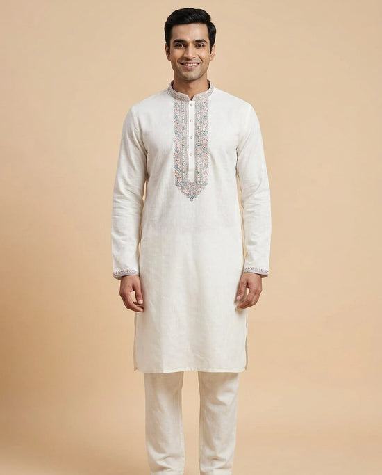 White Cotton Linen Kurta Pajama Set - Rangoli India
