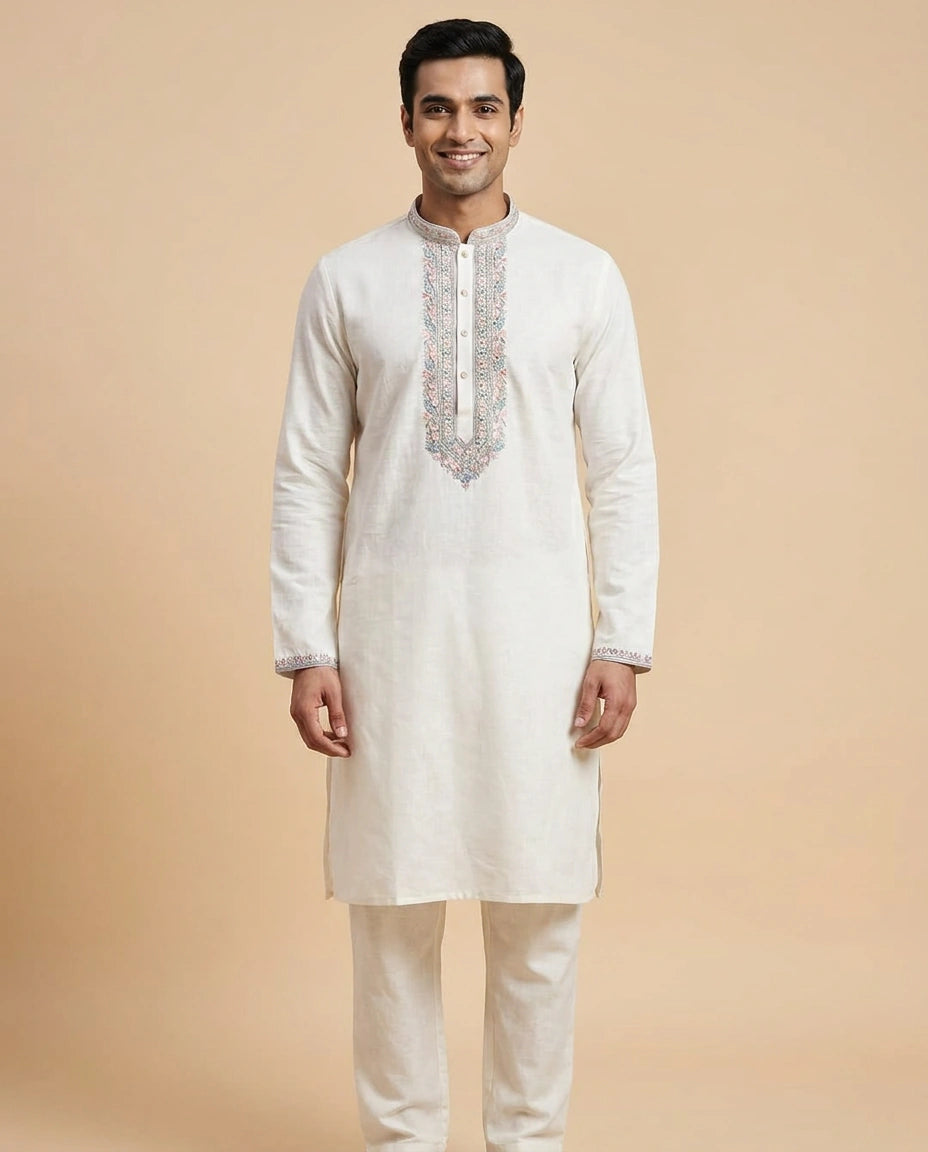 White Cotton Linen Kurta Pajama Set - Rangoli India