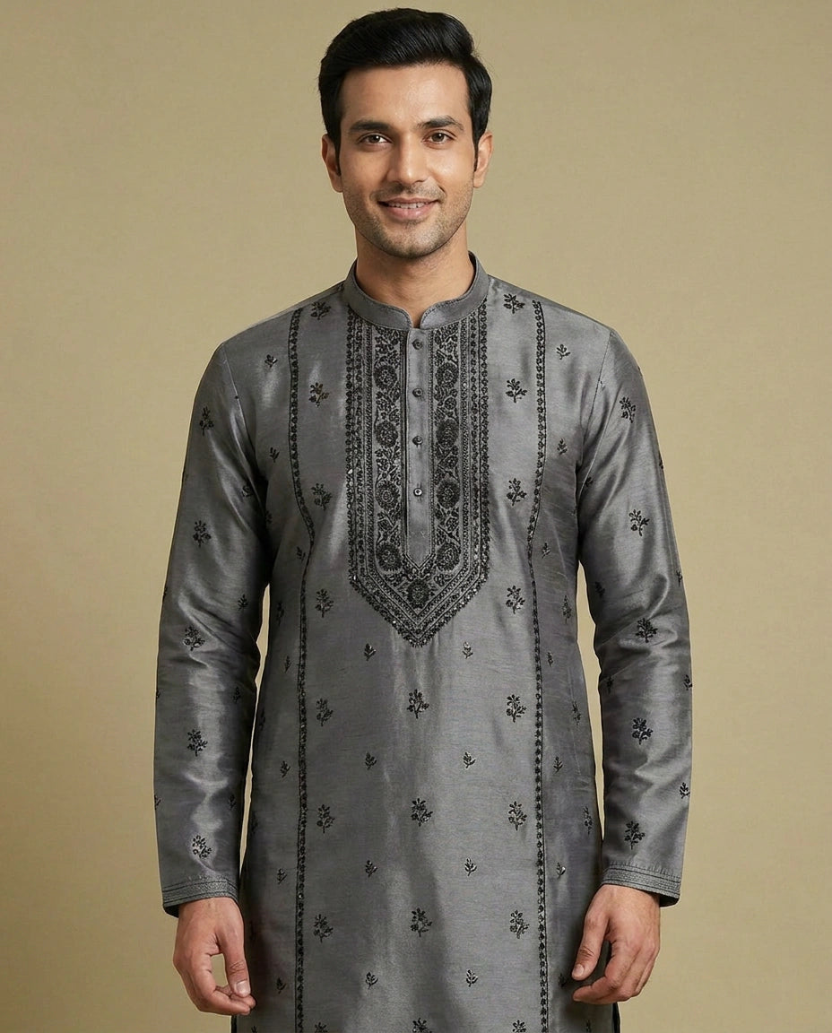 Men's Grey Tussar Silk Kurta Pajama Set