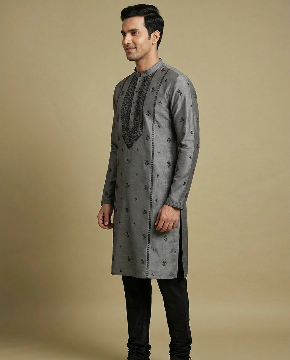 Men's Grey Tussar Silk Kurta Pajama Set — photo 3 of 4