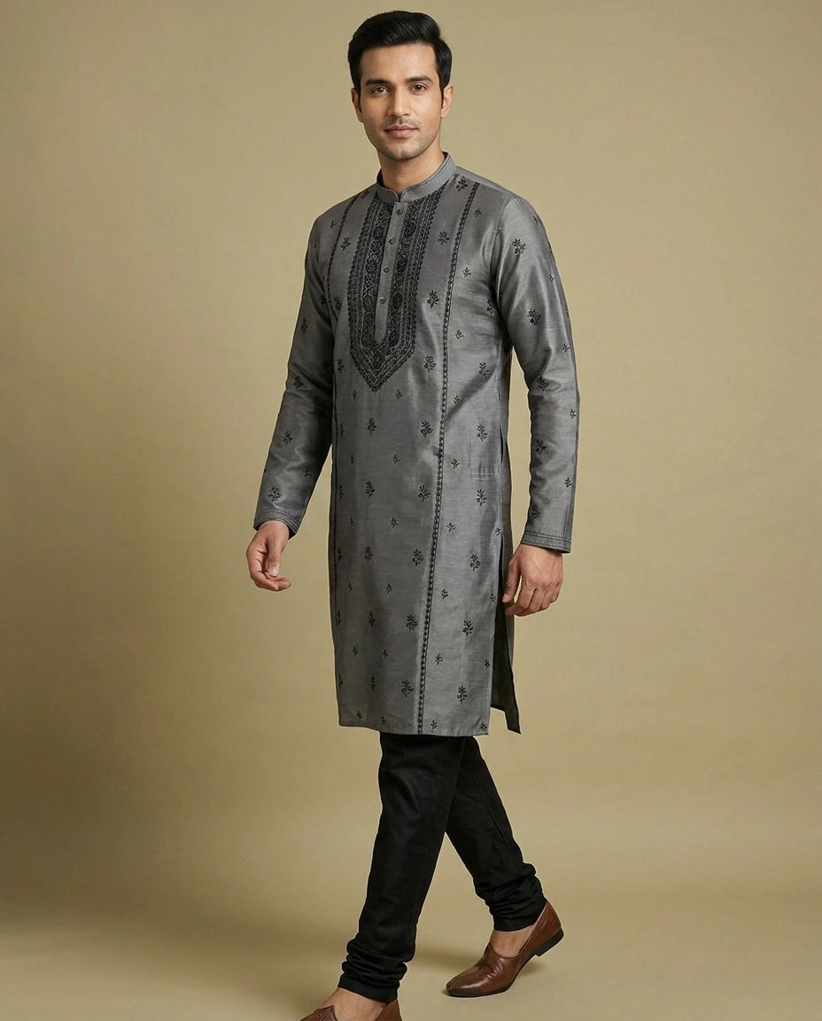 Men's Grey Tussar Silk Kurta Pajama Set — photo 4 of 4