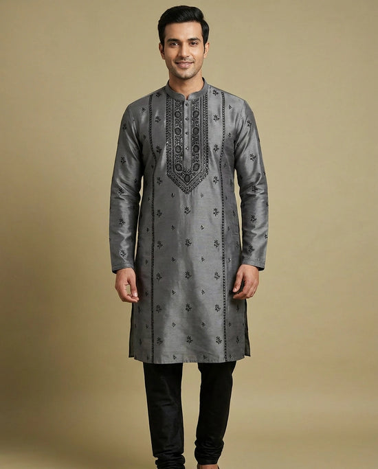 Men's Grey Tussar Silk Kurta Pajama Set — photo 2 of 4
