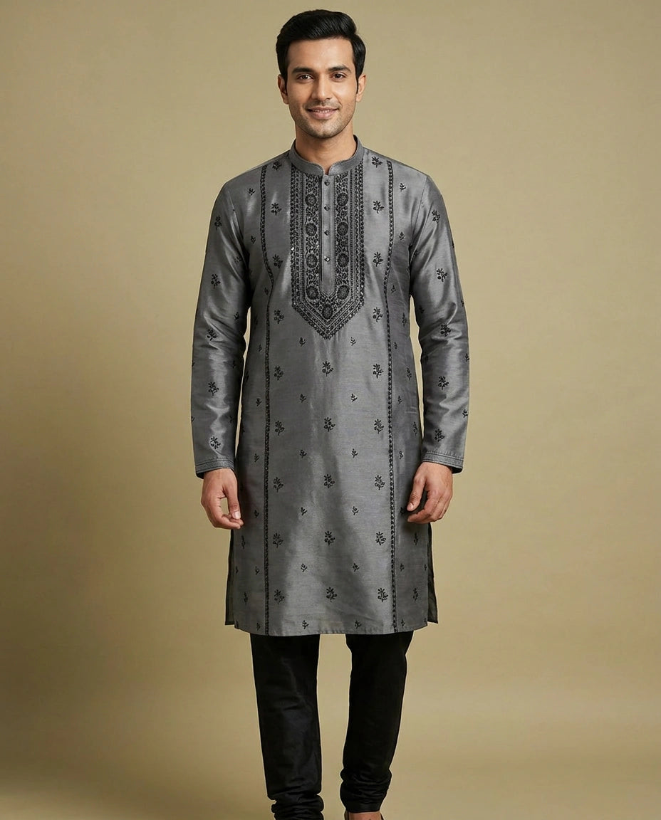 Men's Grey Tussar Silk Kurta Pajama Set — photo 2 of 4